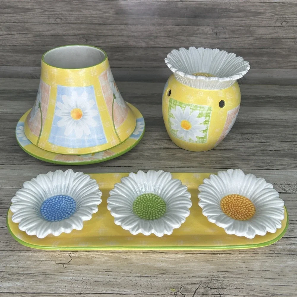 Yankee Candle Daisy Shade Plate Set Tealight Tray Trinket Dish‎ Floral Country